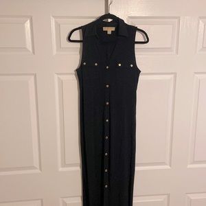 Michael Kors Navy Matte Jersey Front Button Maxi with Cognac Belt for Waist